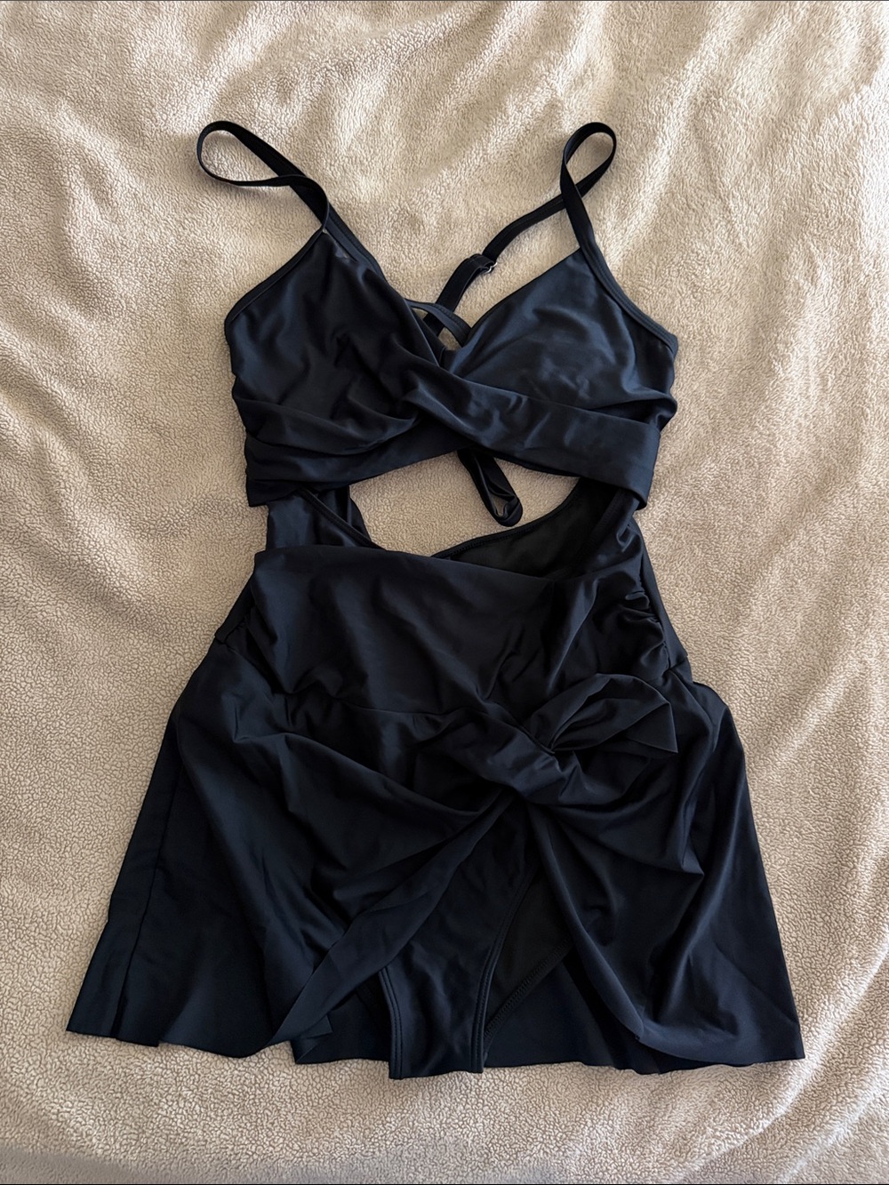 Black One-Piece Bathing Suit with Attached Skirt